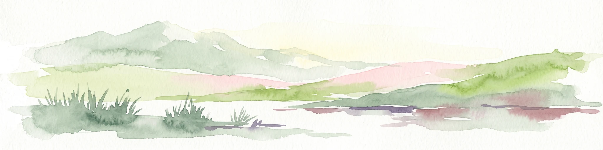 A soft, horizontal watercolor painting depicting green rolling hills and wetland vegetation.