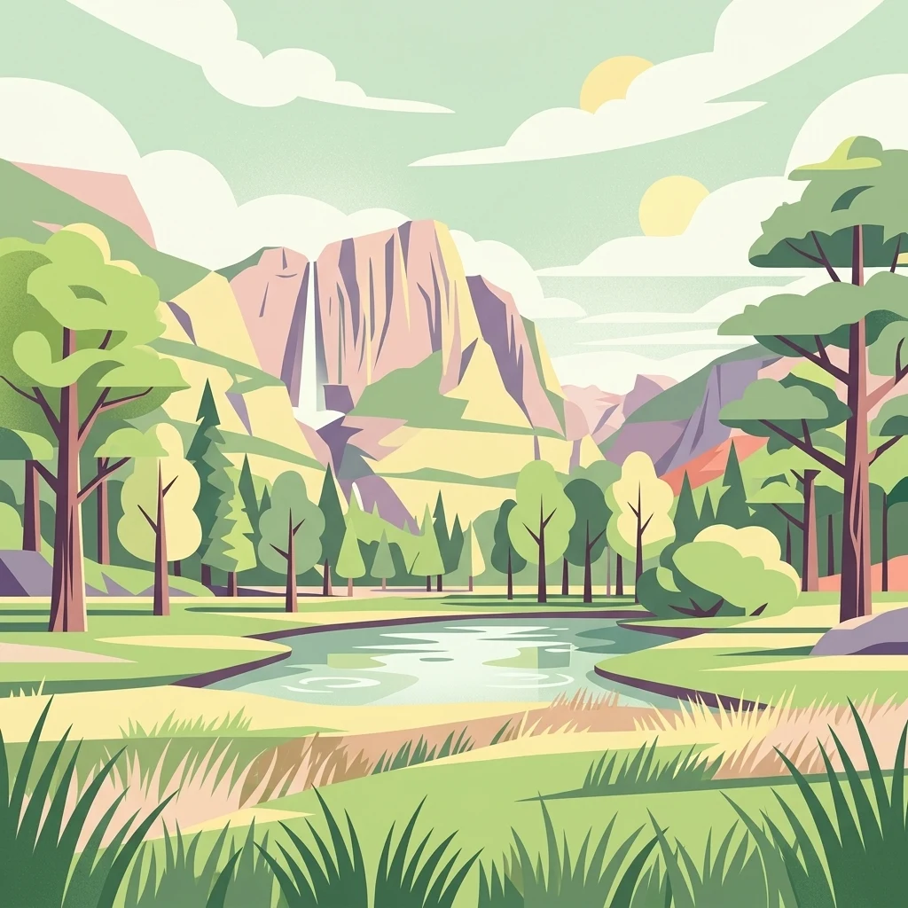 Una ilustración de estilo vectorial y colorida de un valle con una cascada que cae por un acantilado rocoso, un río serpenteante en primer plano y pinos bajo un cielo claro con nubes.