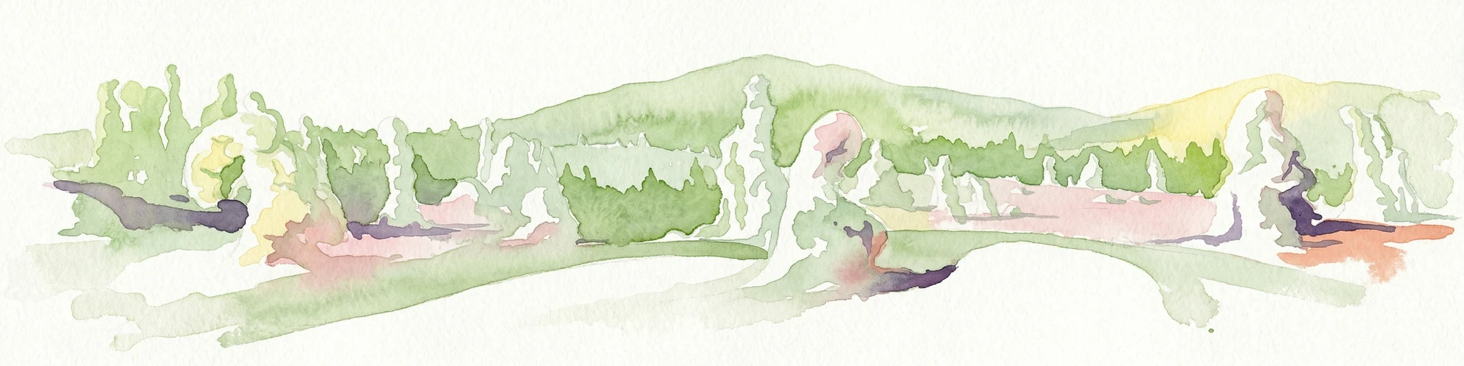 Ilustración en acuarela que muestra un paisaje con vegetación verde, colinas y figuras humanas estilizadas