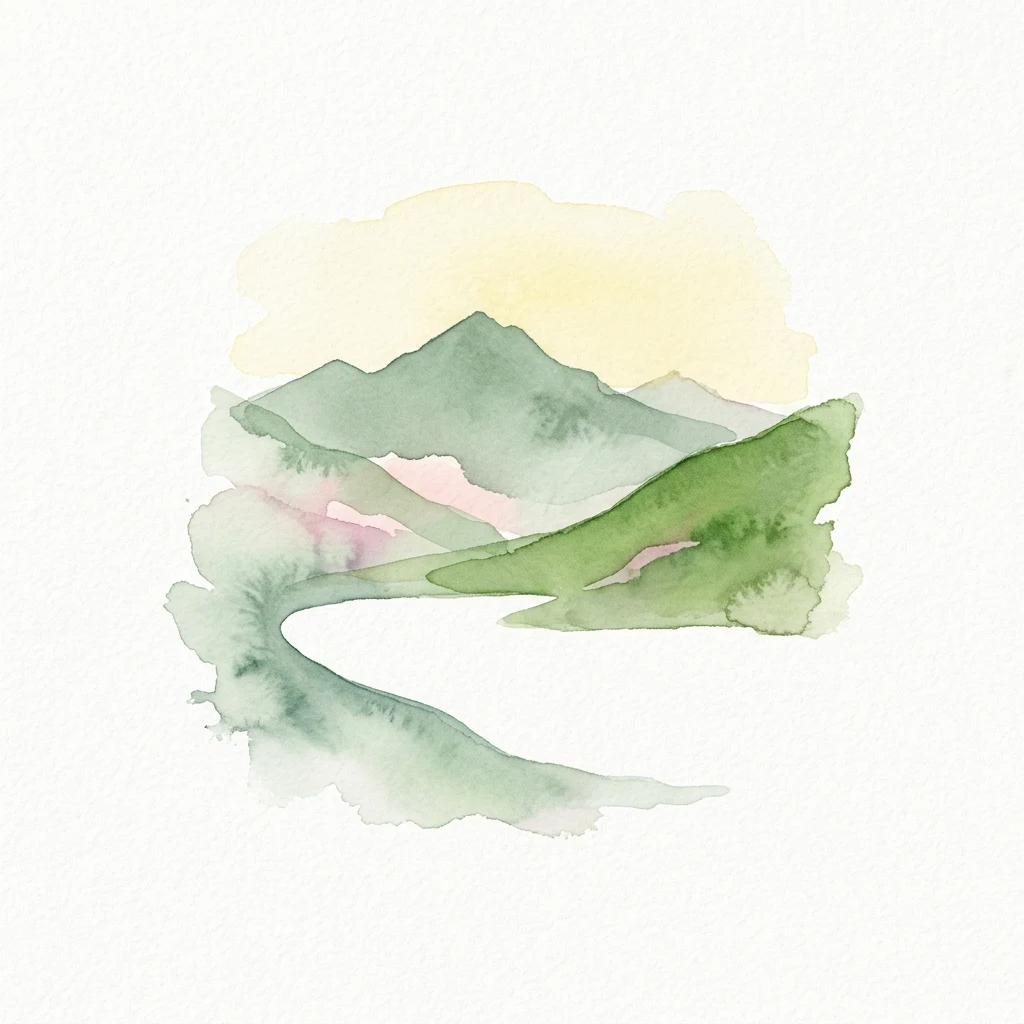Green mountains and a winding river depicted in watercolor style.