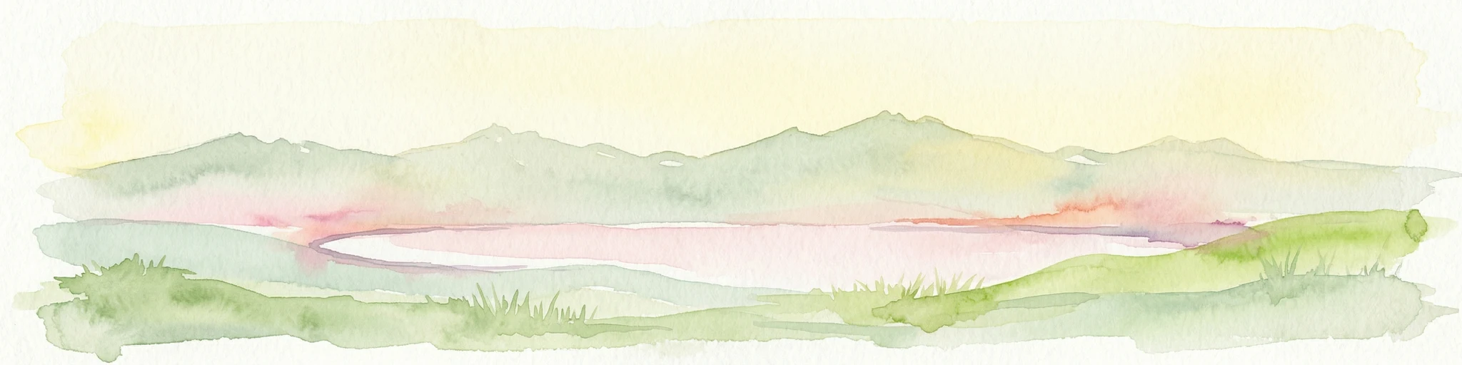 Pintura de acuarela de un paisaje montañoso con un lago y campos verdes