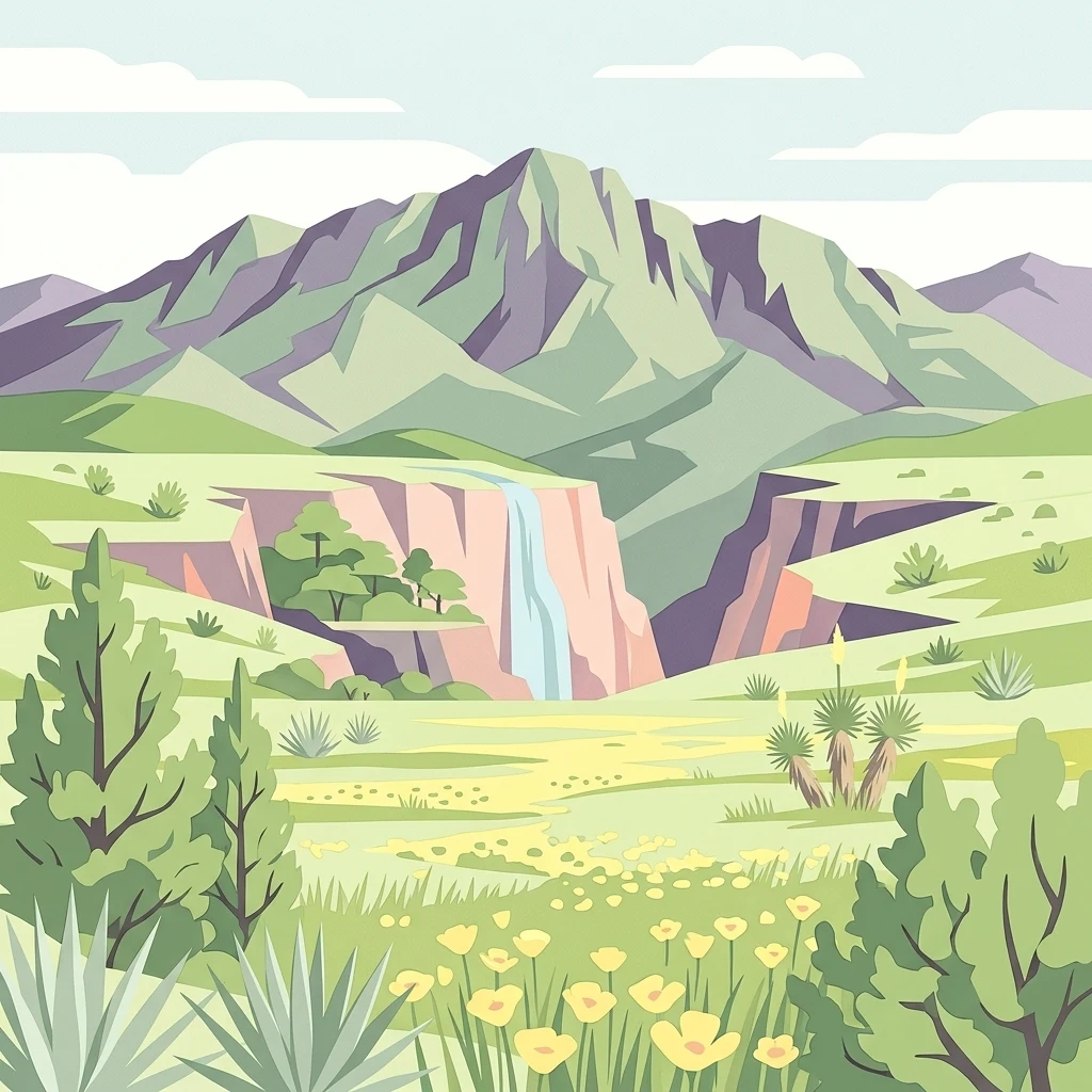 Una ilustración digital de un paisaje desértico con una cadena montañosa al fondo, un cañón con una cascada y flores silvestres y cactus en primer plano.