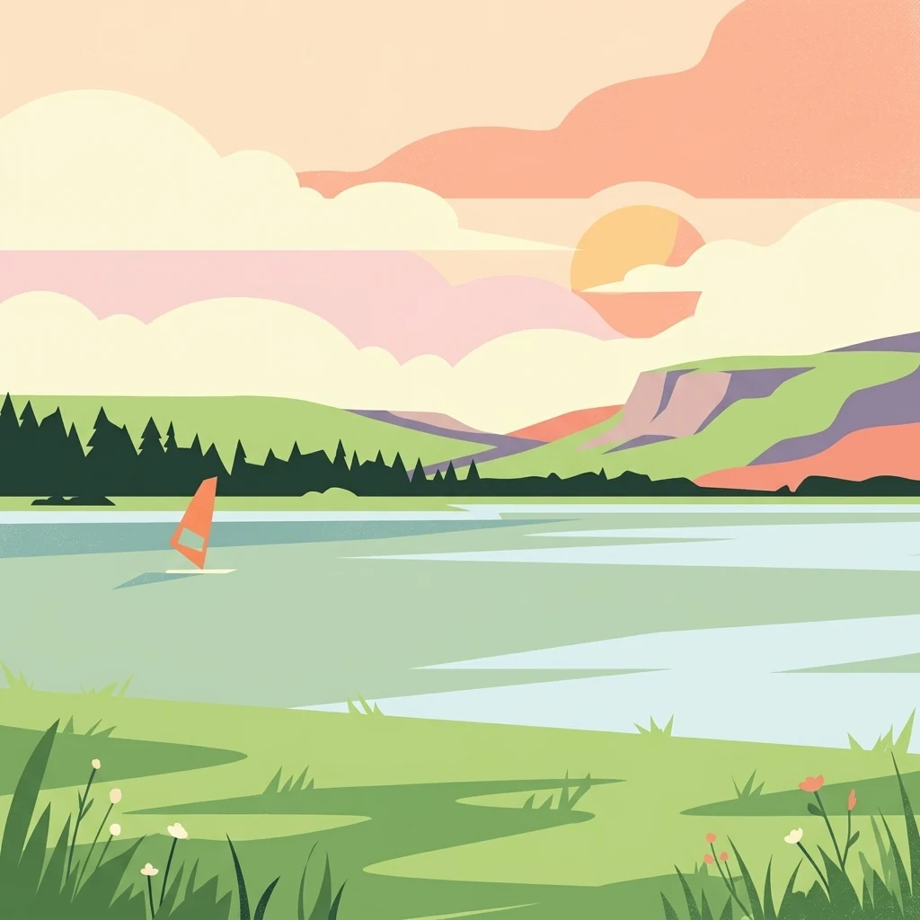 A flat-design, stylized illustration showing a calm body of water with a single windsurfer under a soft sunset sky, with grassy shores and rolling hills in the background.