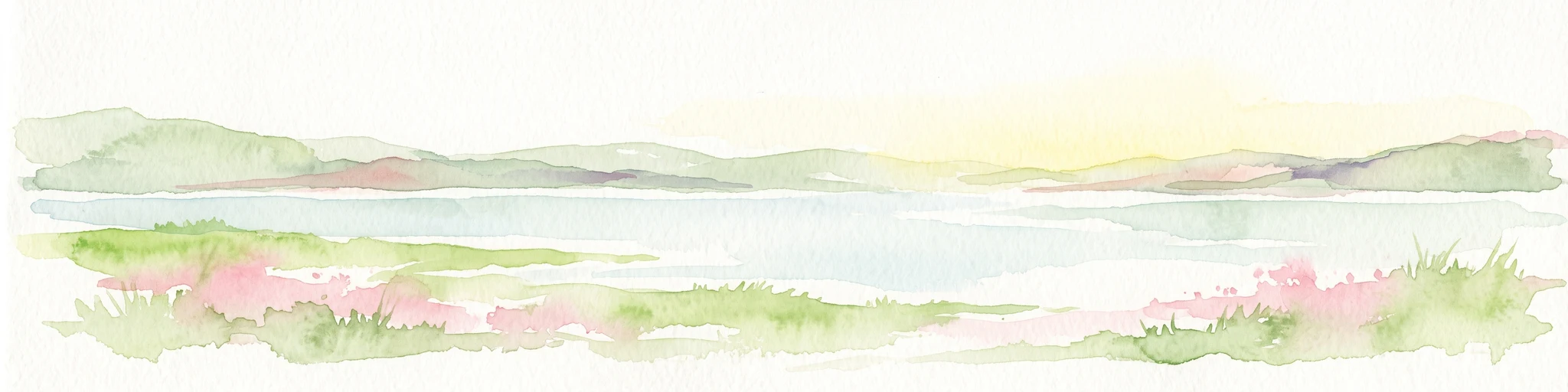 Una pintura de acuarela pálida de un fiordo tranquilo con vegetación pantanosa suave en tonos verdes y rosados en primer plano y colinas onduladas al fondo.