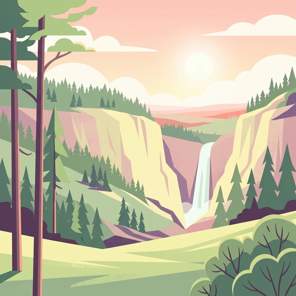 A flat-style digital illustration showing a mountain valley with a waterfall, pine trees, and a sunset sky.
