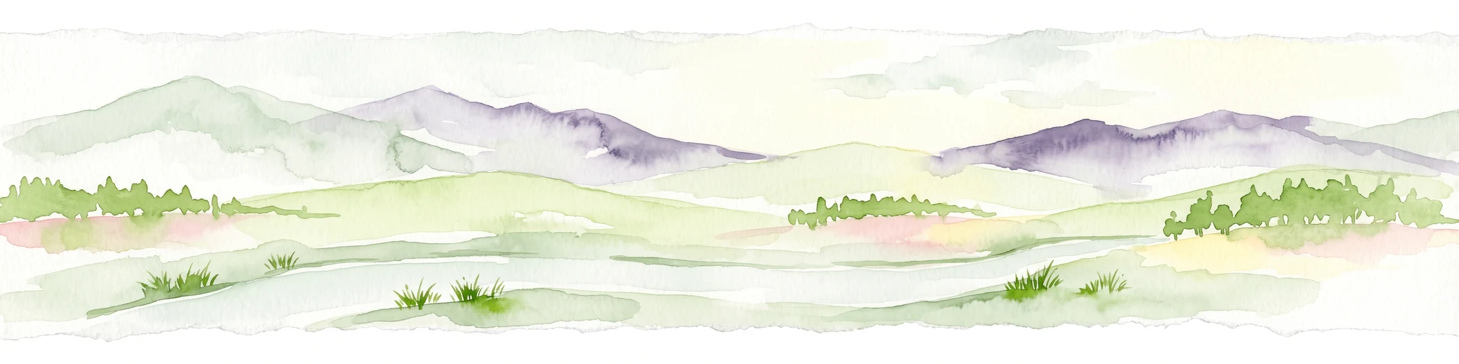 A horizontal watercolor painting depicting a soft, stylized landscape with rolling green hills, distant purple mountain ridges, and sparse clusters of trees against a light background.