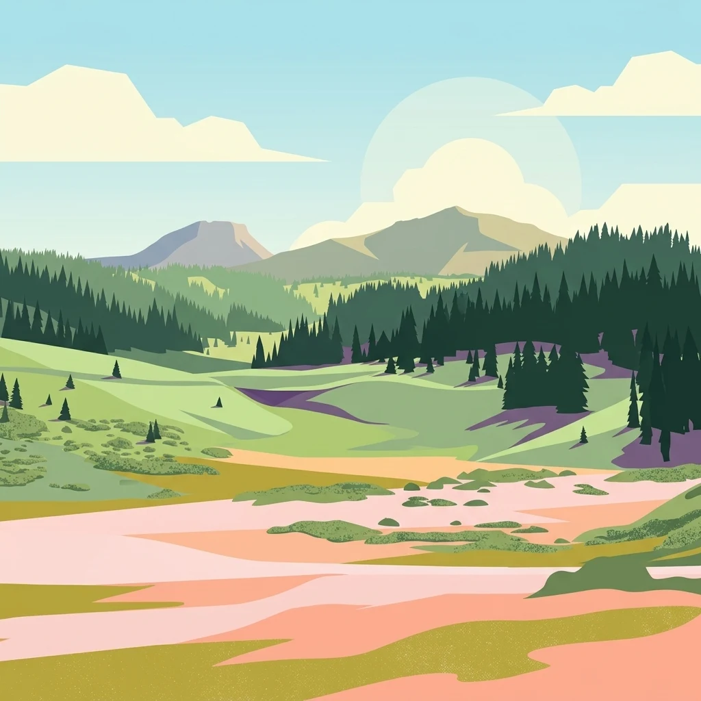 A digital illustration showing a mountain landscape with coniferous forests in the midground and rolling green hills in the foreground under a light blue sky with stylized clouds.