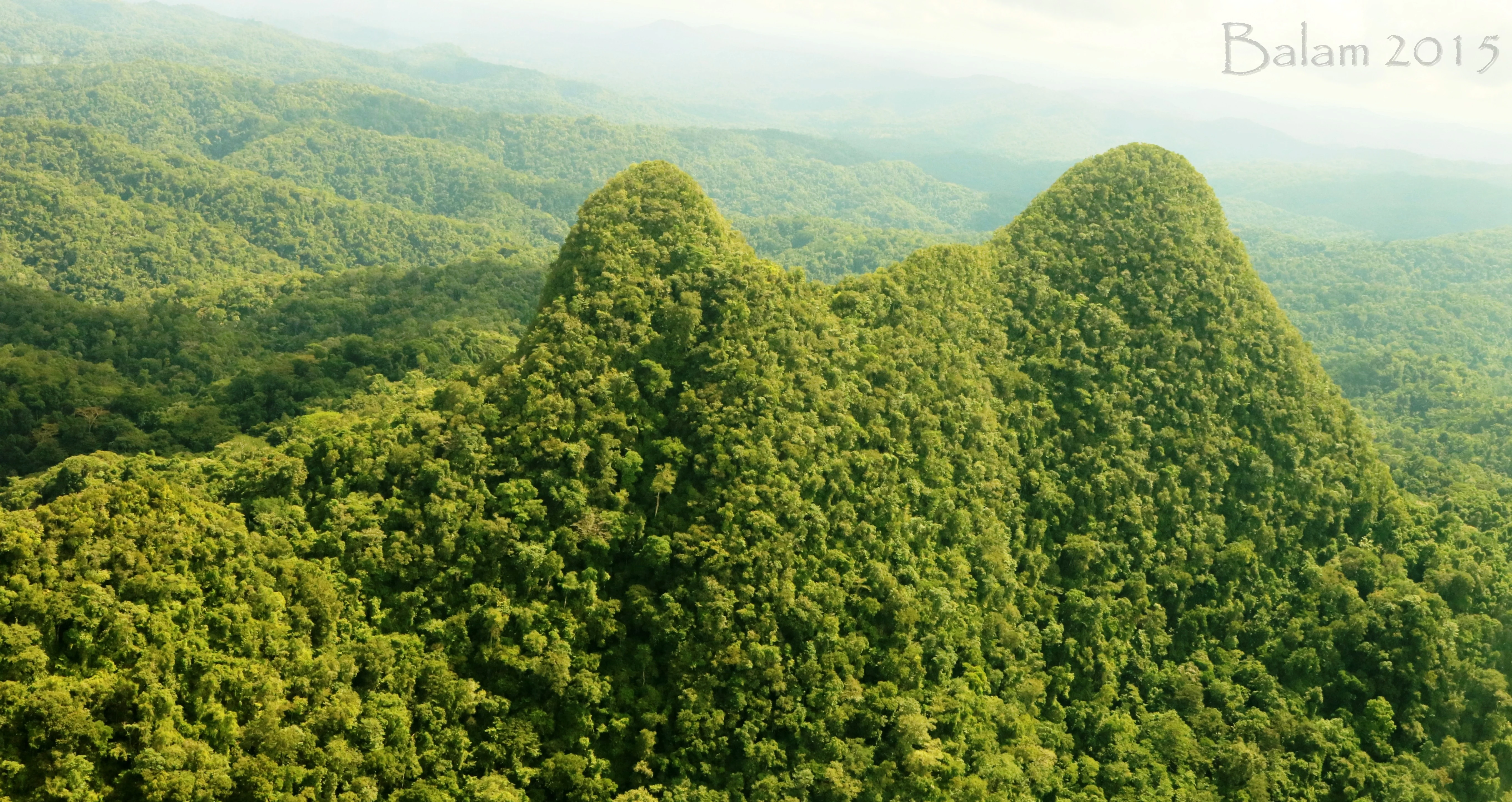 An aerial view of two prominent green forested peaks rising above a dense tropical rainforest canopy.