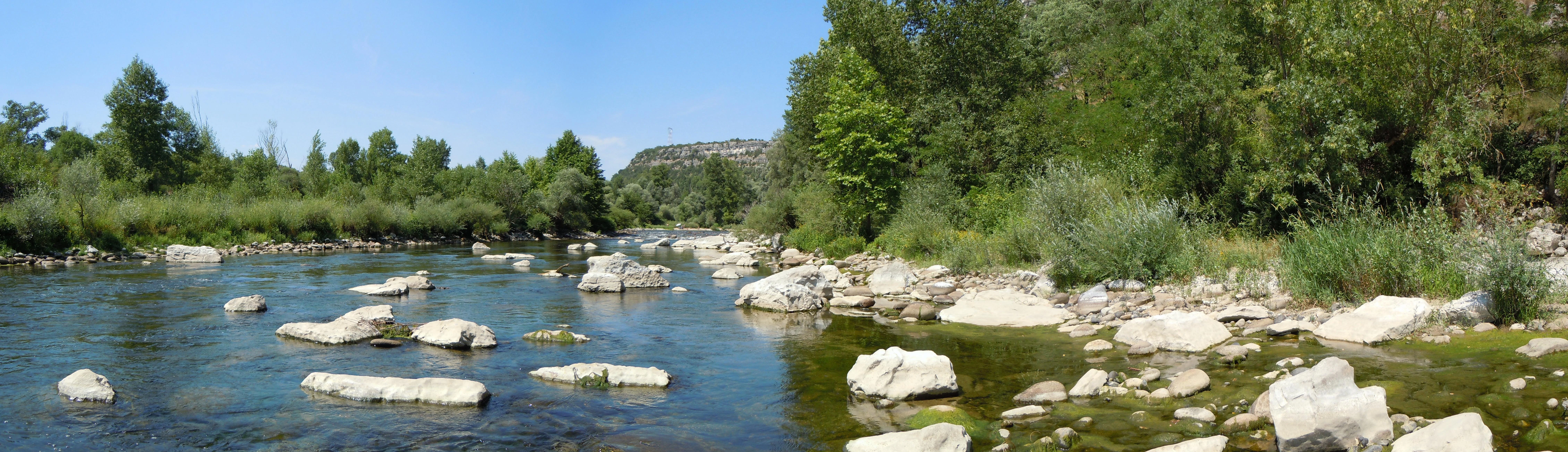 A wide river with clear blue water and scattered white rocks, flanked by green trees and a rocky hill in the background.