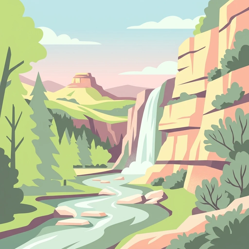 A stylized digital illustration showing a waterfall cascading from a rocky cliff into a winding river, surrounded by green trees and a distant mesa under a blue sky.