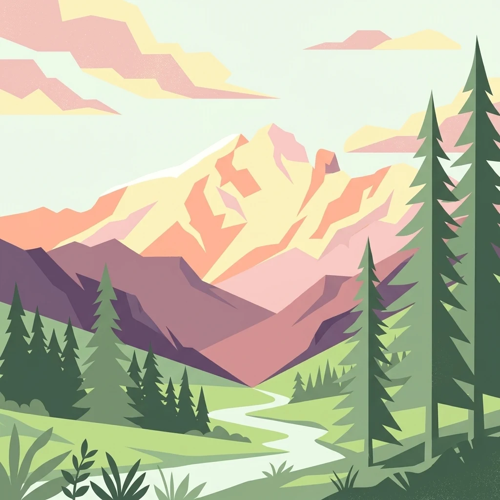 A digital illustration showing a valley scene with evergreen trees, a stream flowing through a grassy meadow, and large mountains in the background under a soft pastel sky.