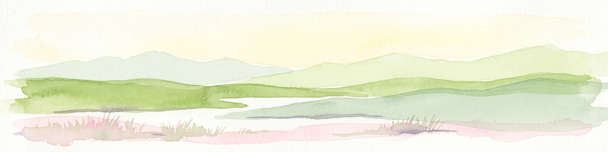 A horizontal watercolor illustration depicting soft, rolling green hills and distant mountain ridgelines against a pale yellow sky.