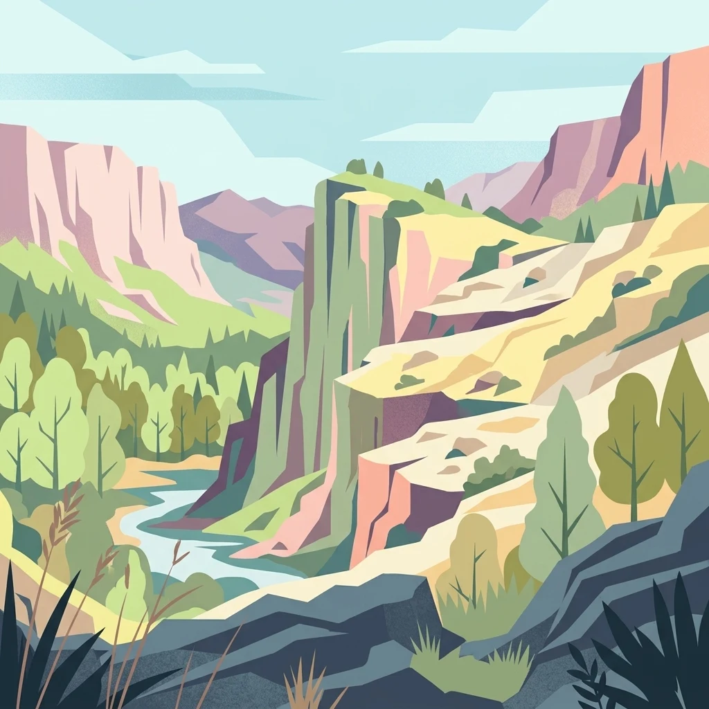 Vector-style flat illustration of a deep canyon with rocky vertical cliffs, a winding river, and forested hills under a light sky.