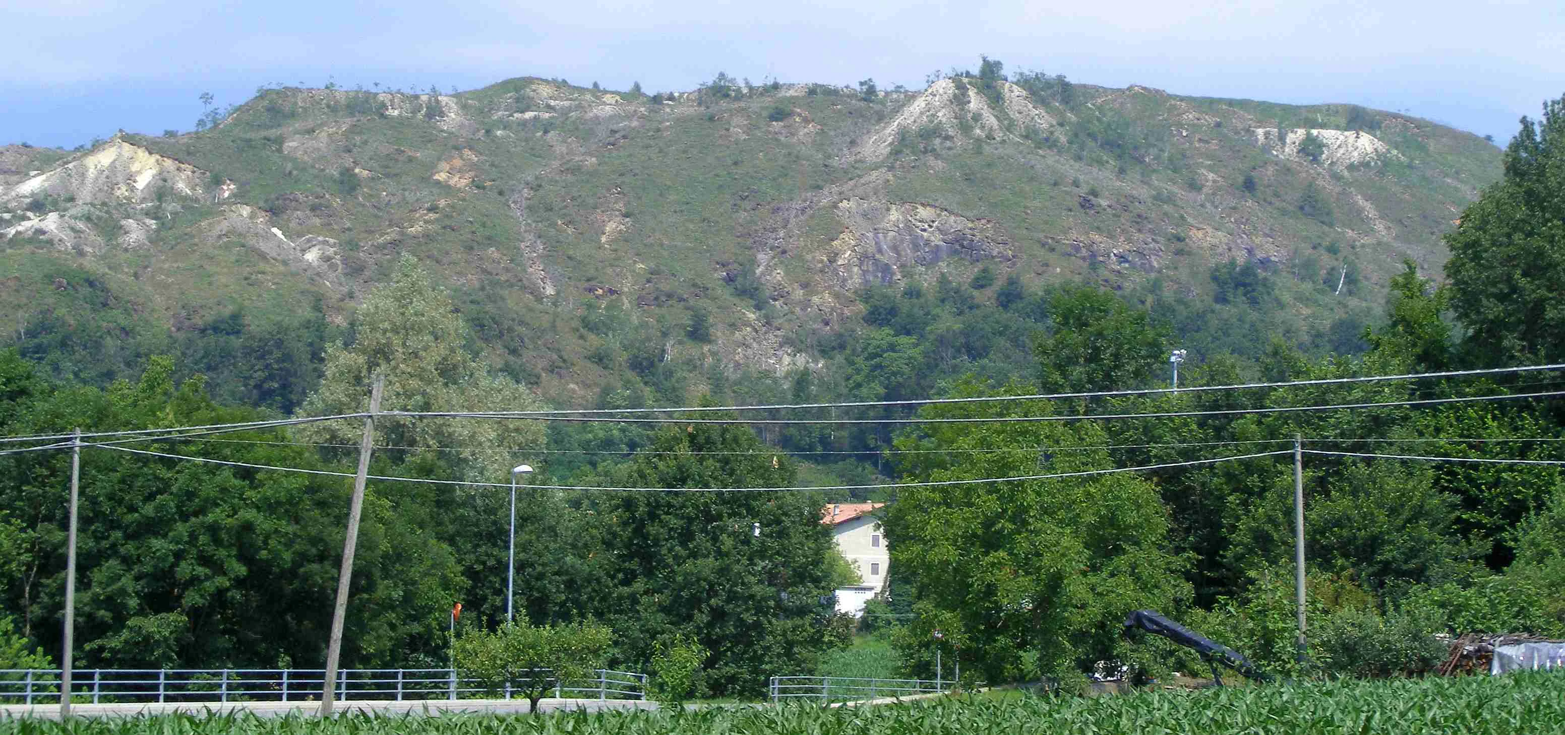 A wide shot of a green, rolling mountain slope featuring exposed rocky outcrops, seen behind a foreground of trees, power lines, and agricultural fields.