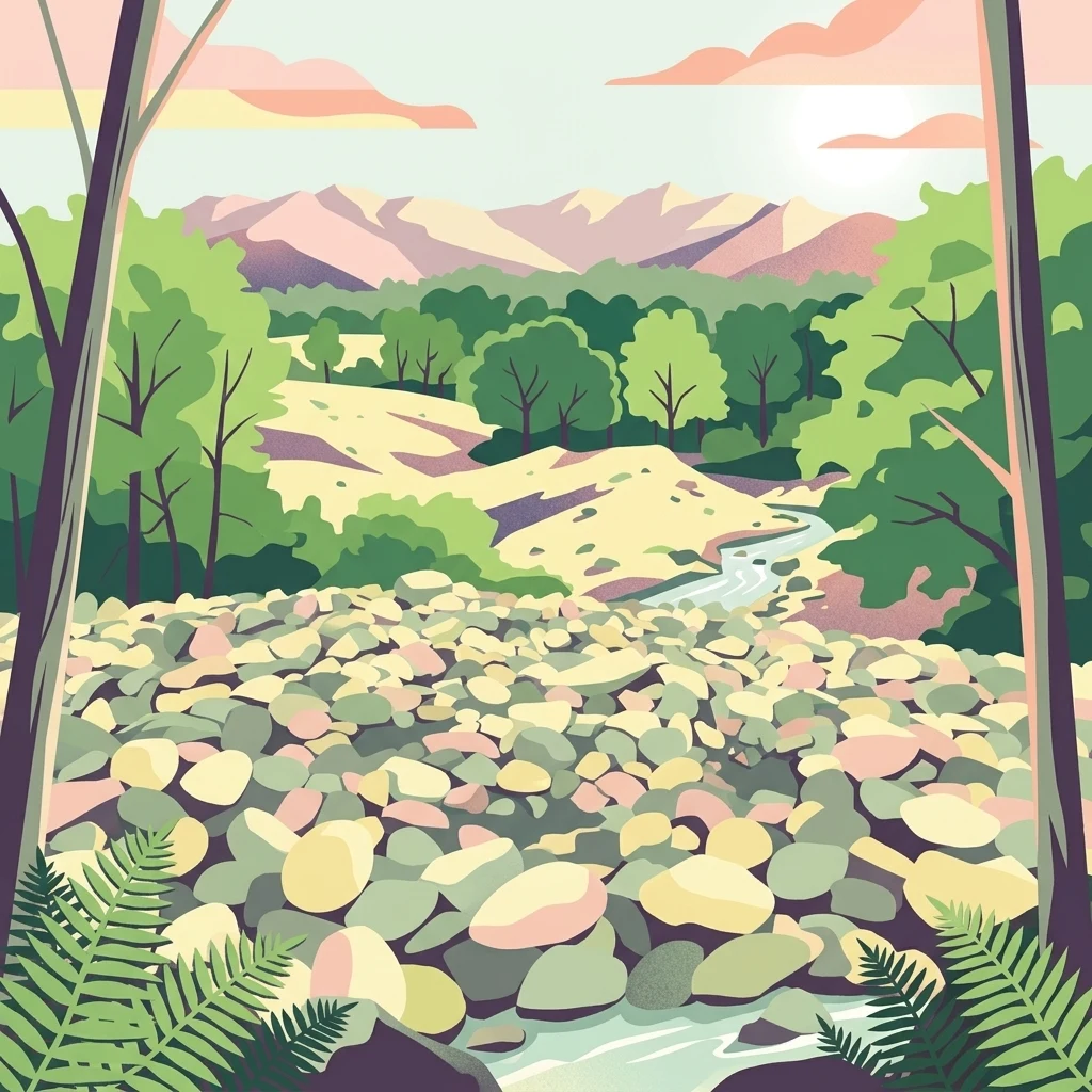 A vibrant digital illustration shows a landscape view of a rocky, boulder-filled field, characteristic of an ancient mining site, leading toward a small stream, green trees, and mountains in the distance.
