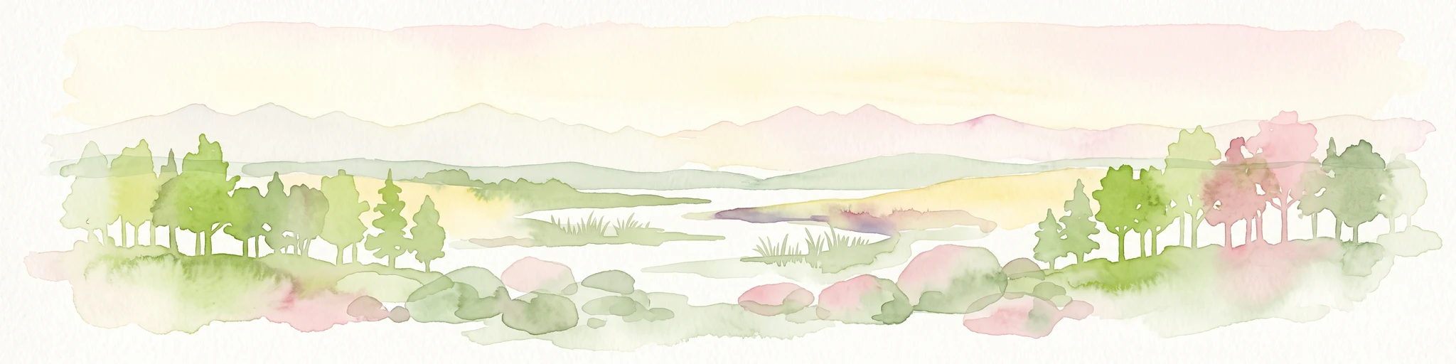 Una pintura en acuarela que muestra un paisaje panorámico de enfoque suave, con árboles verdes, colinas suaves, una masa de agua central y montañas pálidas al fondo contra un fondo blanco.