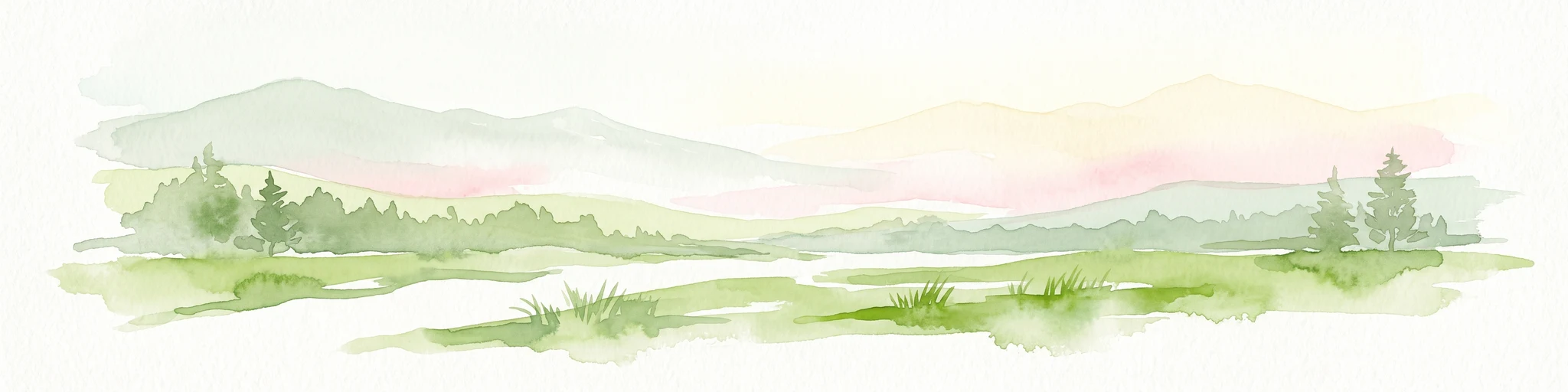 Una pintura horizontal en acuarela que muestra colinas verdes onduladas, una línea de bosque y montañas rosadas tenues en la distancia sobre un fondo blanco.