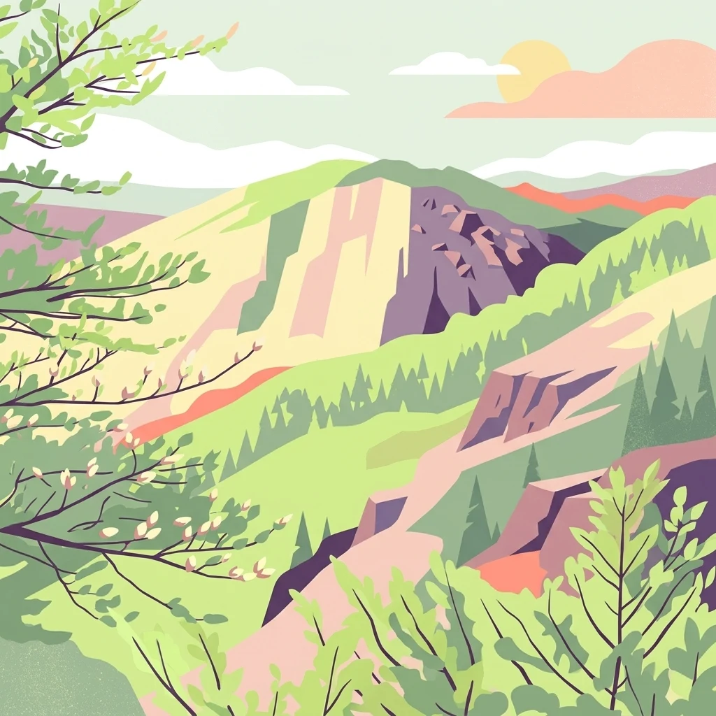 Una ilustración digital que presenta un paisaje verde y montañoso con afloramientos rocosos, laderas boscosas y un sol suave en el cielo.