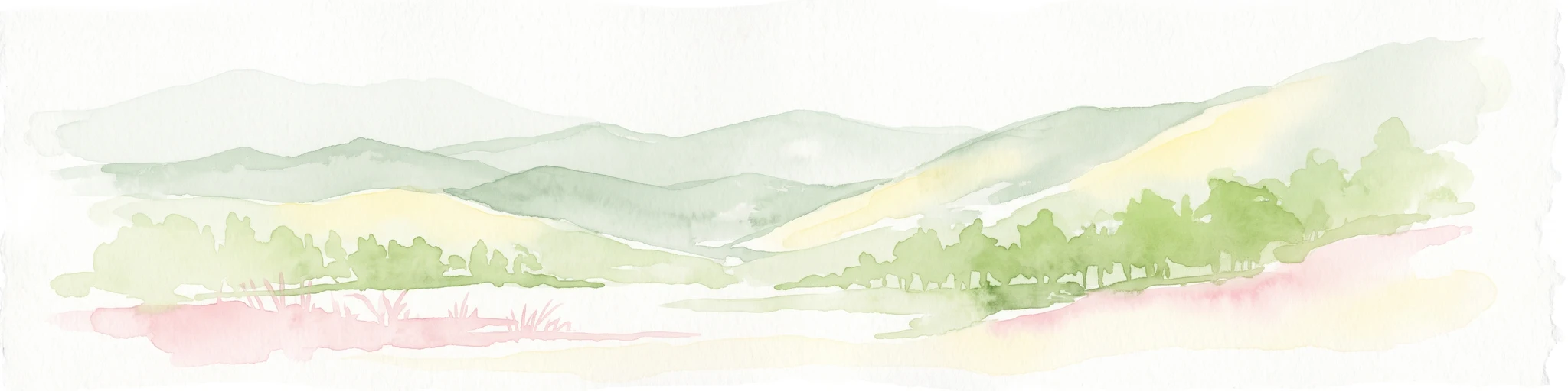 A pale, soft-focus watercolor painting of rolling green hills, a forested valley, and layered distant mountains.