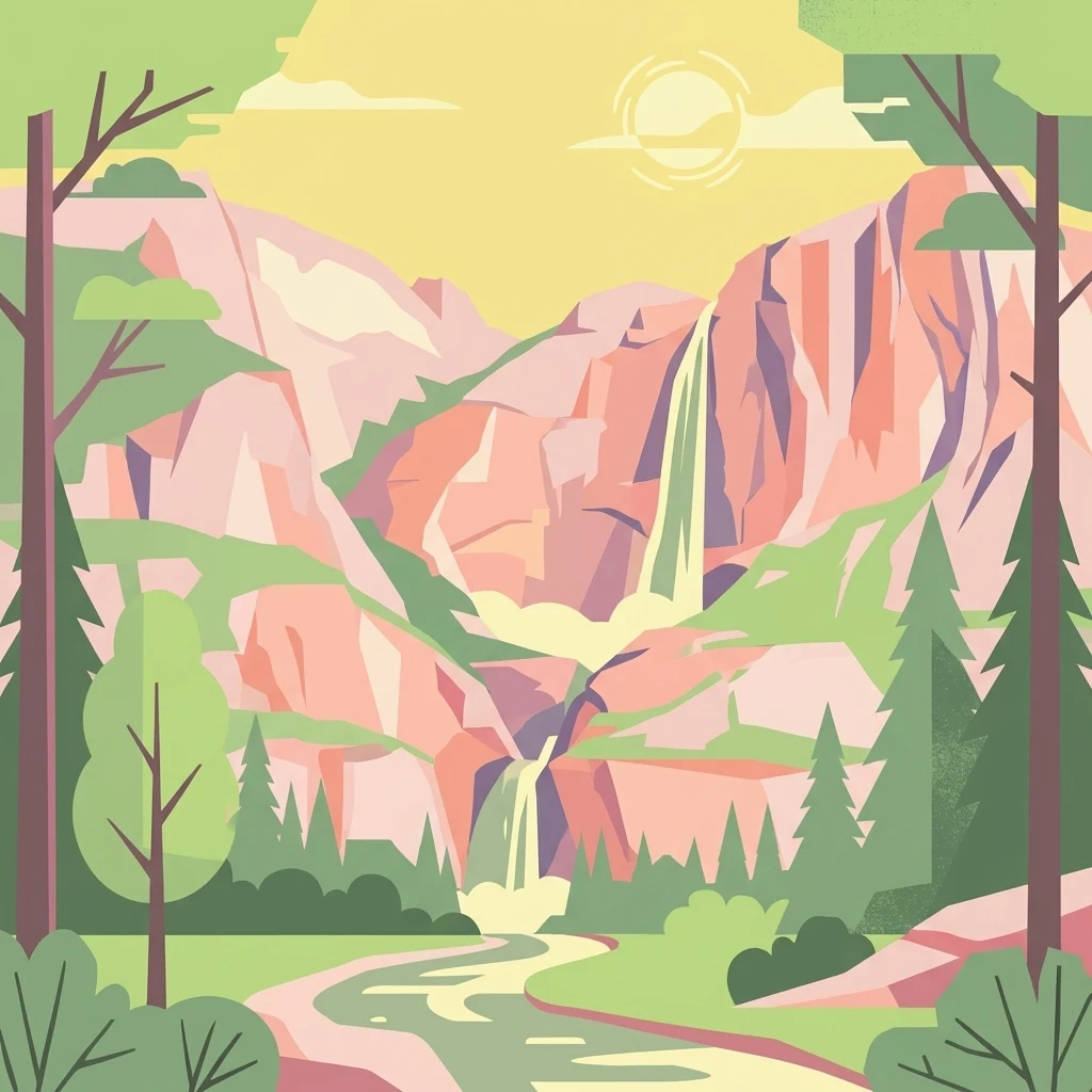 A stylized digital illustration of a mountainous landscape with a tiered waterfall, a winding river, and surrounding pine forests under a warm sunset sky.