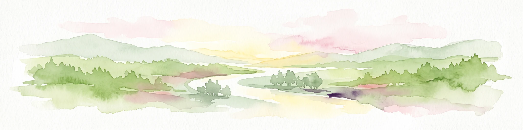 Una ilustración suave en acuarela que representa colinas verdes onduladas, un pequeño río serpenteante y un cielo luminoso, sobre un fondo blanco.