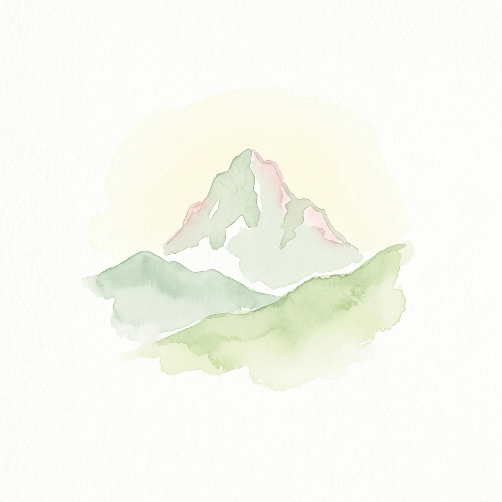 Pintura de acuarela de un pico de montaña con colinas verdes y áreas teñidas de rosa
