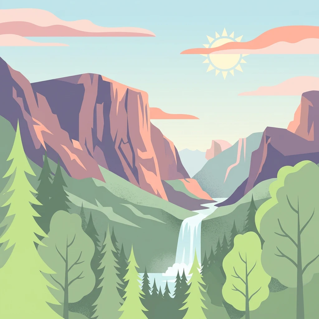 Ilustración de un paisaje montañoso con acantilados, una cascada y un valle boscoso bajo un cielo soleado con nubes