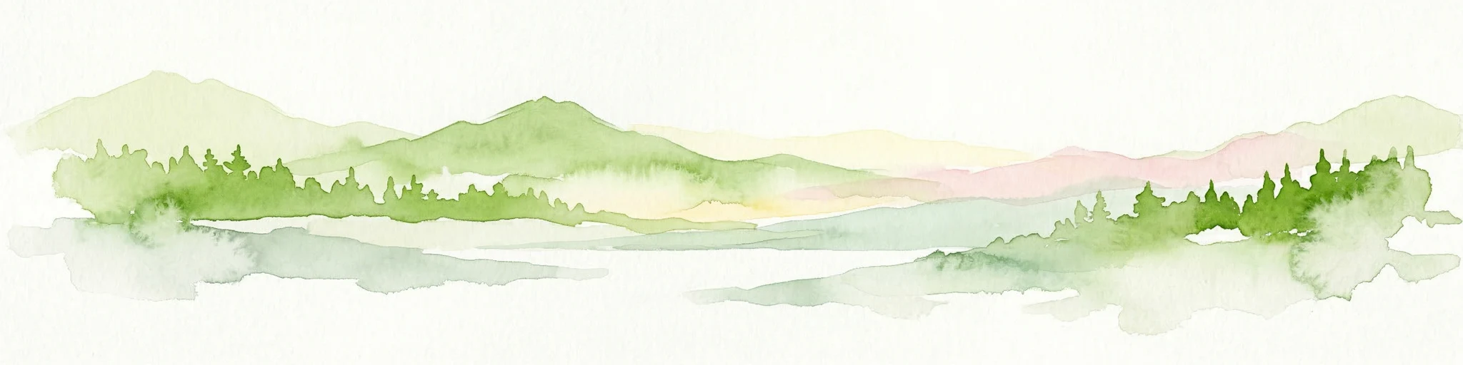 Ilustración de acuarela de un paisaje montañoso con bosques verdes, un lago y montañas distantes de tonos rosados bajo un cielo claro