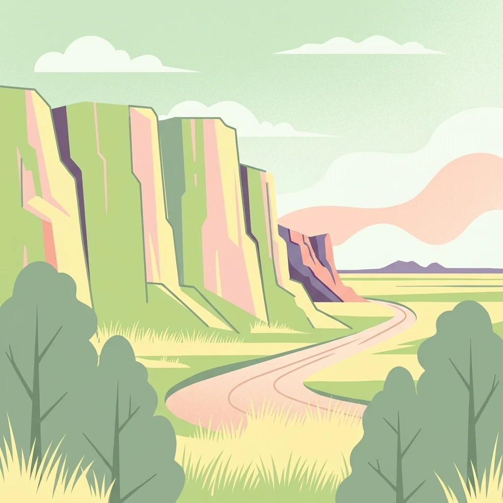 Una ilustración digital estilizada de un paisaje de pradera con un sendero serpenteante que conduce hacia mesas lejanas bajo un cielo suave.