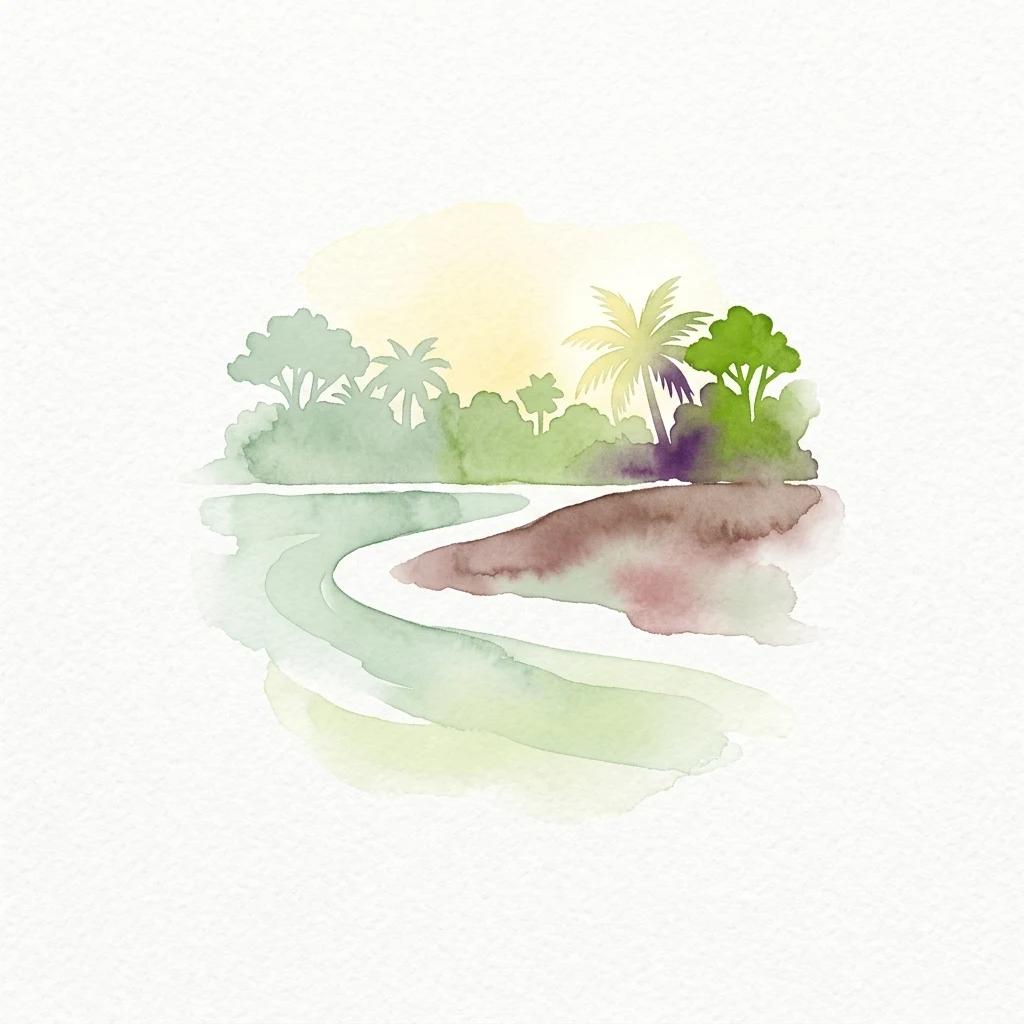 Watercolor illustration of a winding river with lush green trees, a palm tree, and a sunset sky