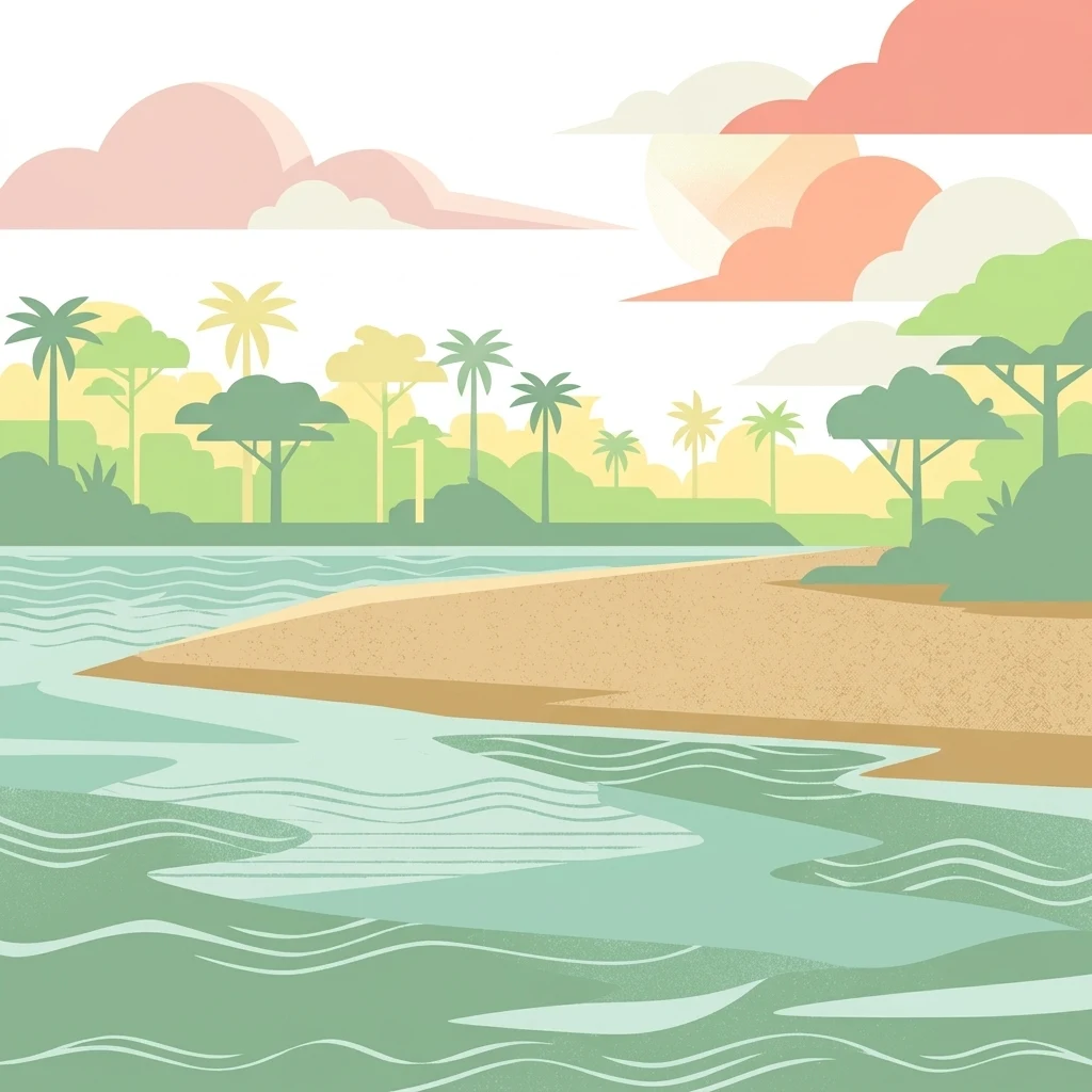 Illustrated river scene with sandy beach, palm trees, and calm water under pastel clouds