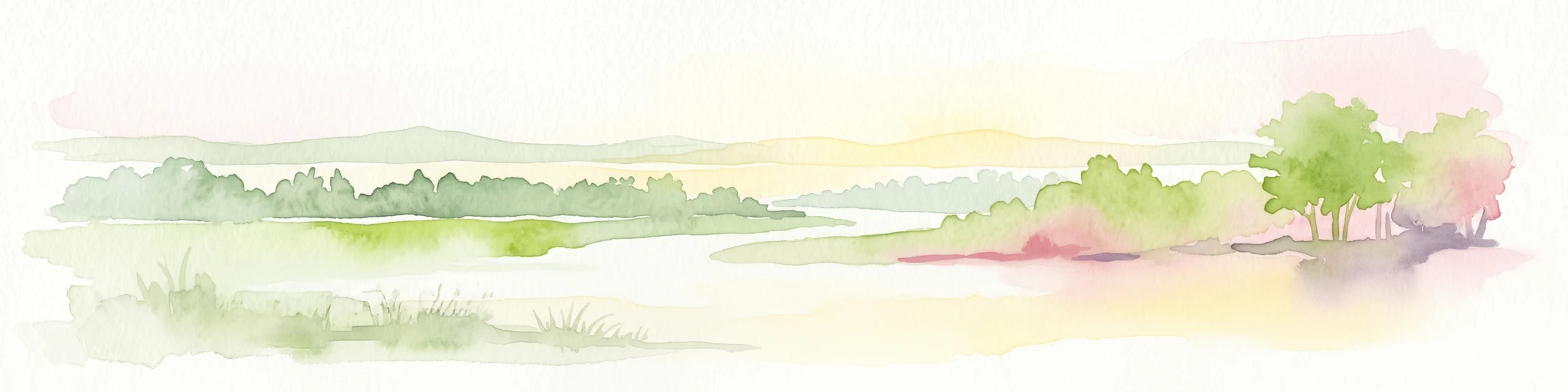 Watercolor illustration of a river flowing through a landscape with trees, grassy areas, and distant hills under a soft sky