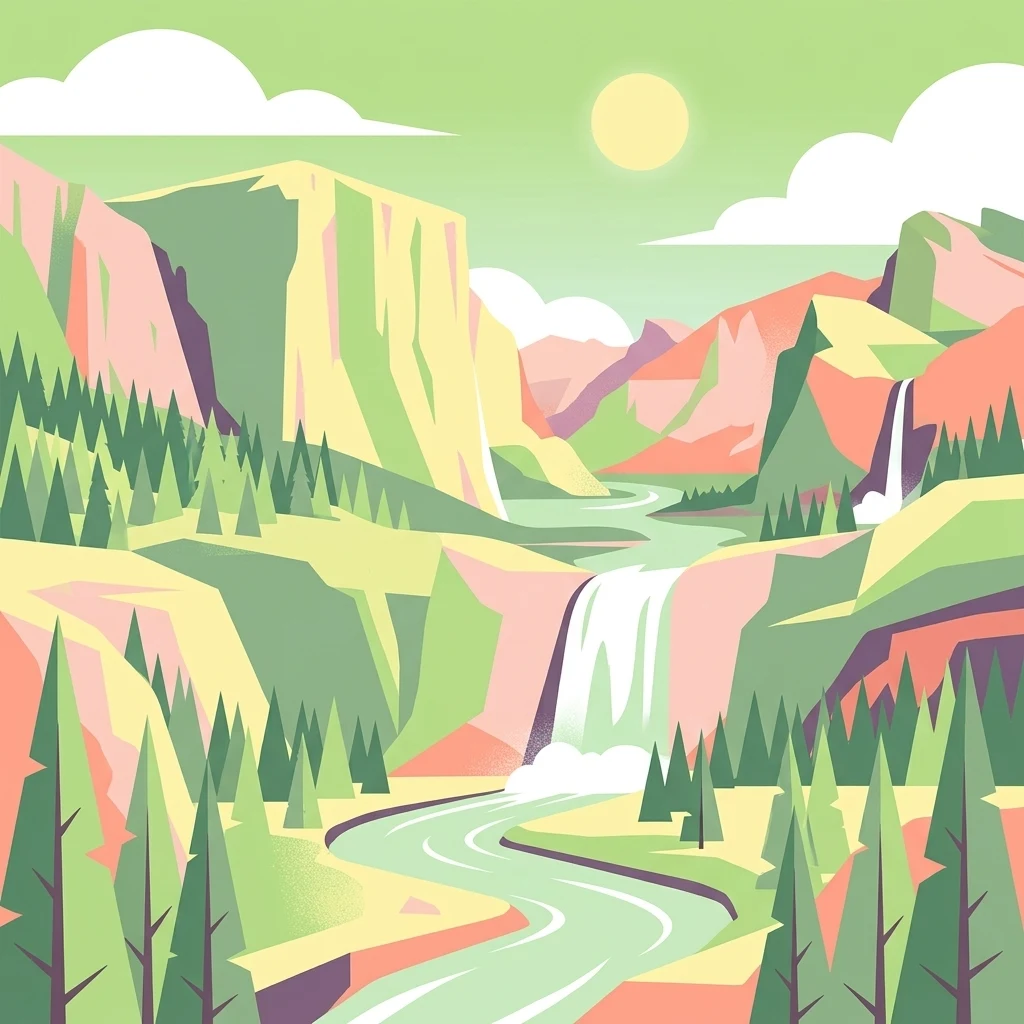 Una ilustración plana de estilo vectorial de un valle entre montañas con un río serpenteante, árboles de hoja perenne y cascadas.
