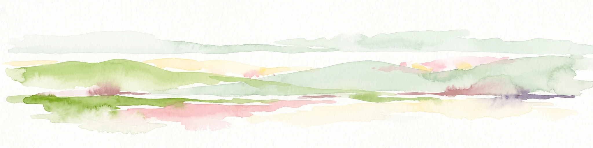 A watercolor illustration featuring soft, abstracted layers of green hills, a light blue horizon, and subtle pink and earthy tones representing land and water.