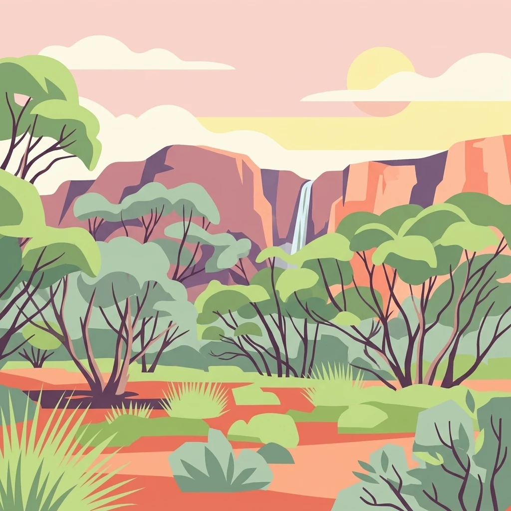A flat-style digital illustration of an arid Australian landscape with red earth, mallee trees, and a waterfall cascading down red rocky cliffs under a sunset sky.