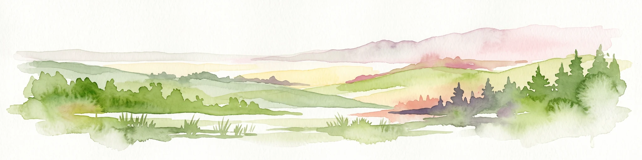 Watercolor painting of a pastoral landscape with soft green hills, distant pink-hued ridges, and pine trees.