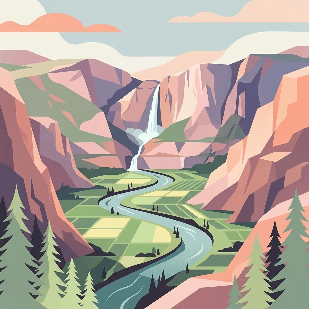 Ilustración digital de un valle de montaña con una cascada que se precipita por acantilados rocosos hasta un río serpenteante que fluye entre campos verdes, con árboles de hoja perenne estilizados en primer plano.