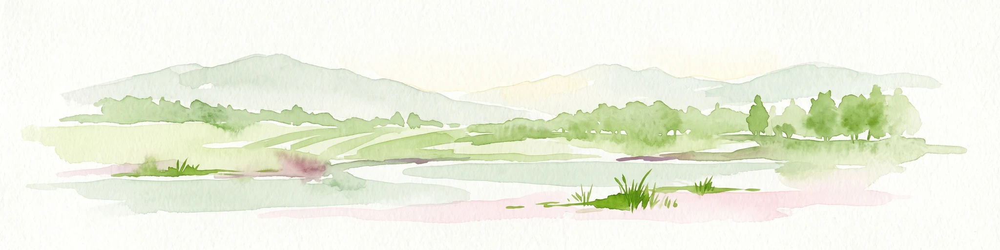 Watercolor painting showing a soft landscape with rolling hills in the background and a grassy plain with sparse trees and water in the foreground.