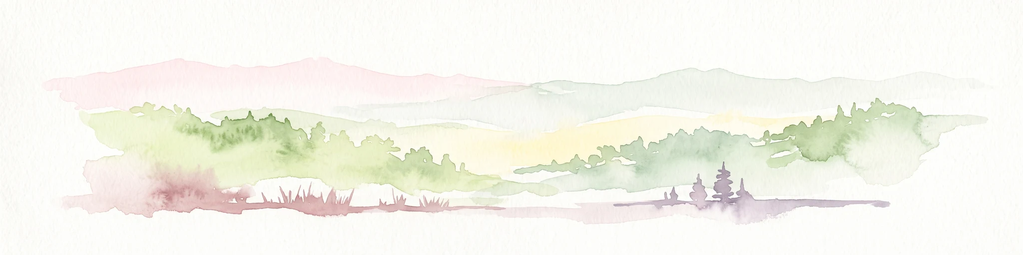 A pale, abstract watercolor painting showing a wide view of soft, layered green and pink mountains with a few stylized trees in the lower right.