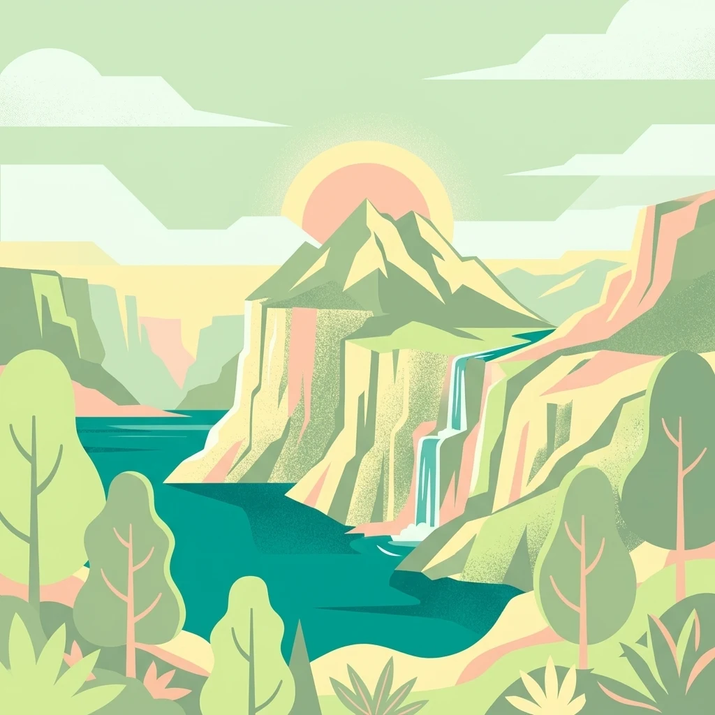 Una ilustración vectorial estilizada de un paisaje montañoso con acantilados, una cascada que fluye hacia un lago, árboles en primer plano y un sol saliendo sobre los picos.