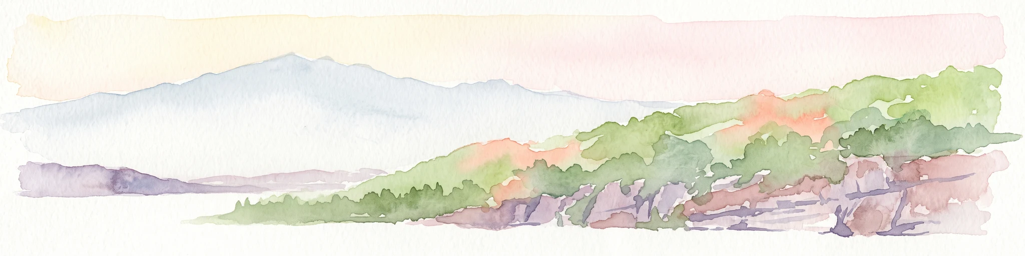 A horizontal watercolor painting depicting a gentle mountain silhouette behind a forested shoreline sloping toward the water.