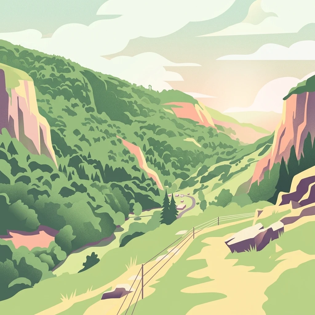 A stylized digital illustration of a green, forested valley framed by high, steep, rocky cliffs under a soft sunset sky.