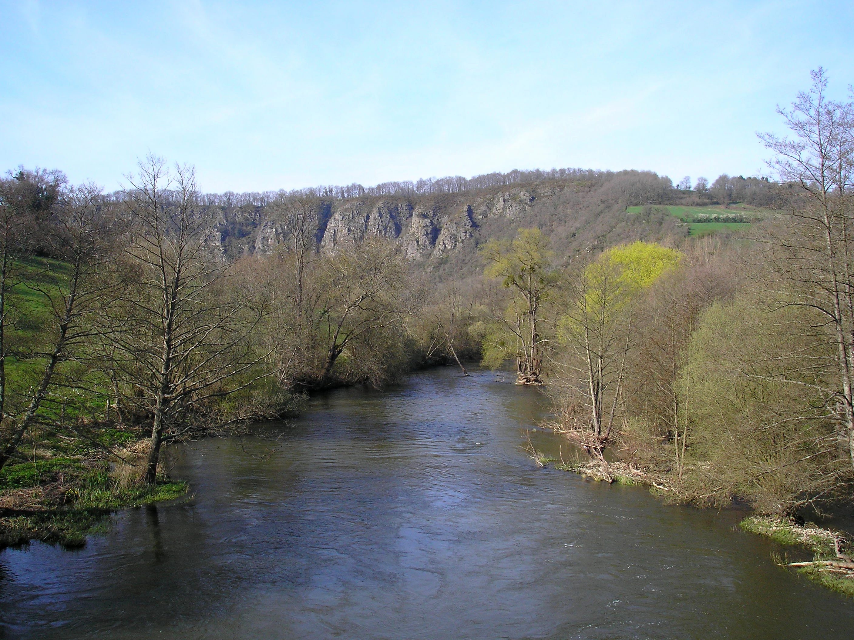 Un río tranquilo que fluye a través de un valle, flanqueado por árboles caducifolios desnudos y orillas verdes, con una pared rocosa escarpada y abrupta que se eleva en la distancia bajo un cielo azul pálido.