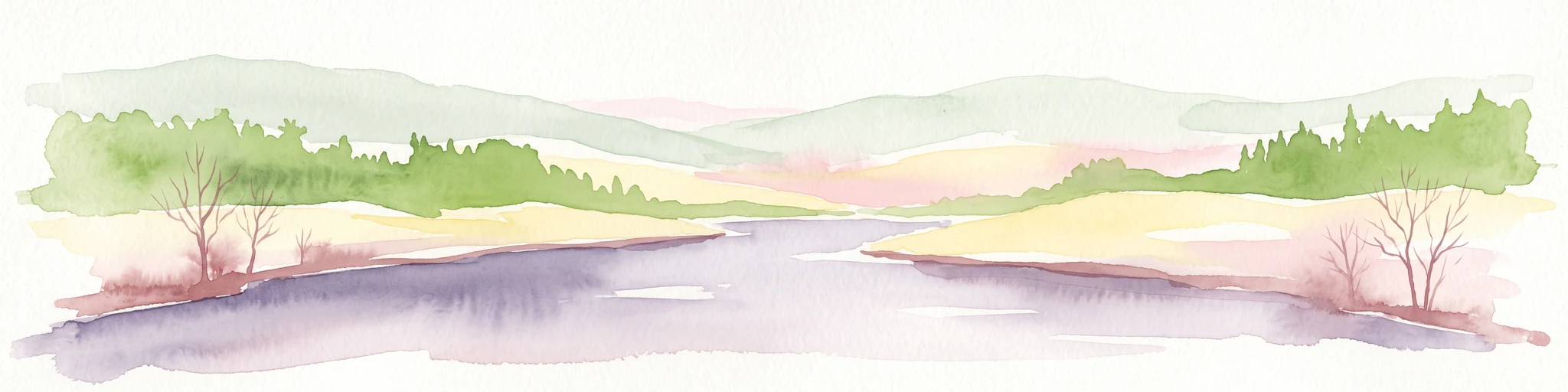 Watercolor painting of a river flowing through a valley with gentle green hills and trees on the banks.