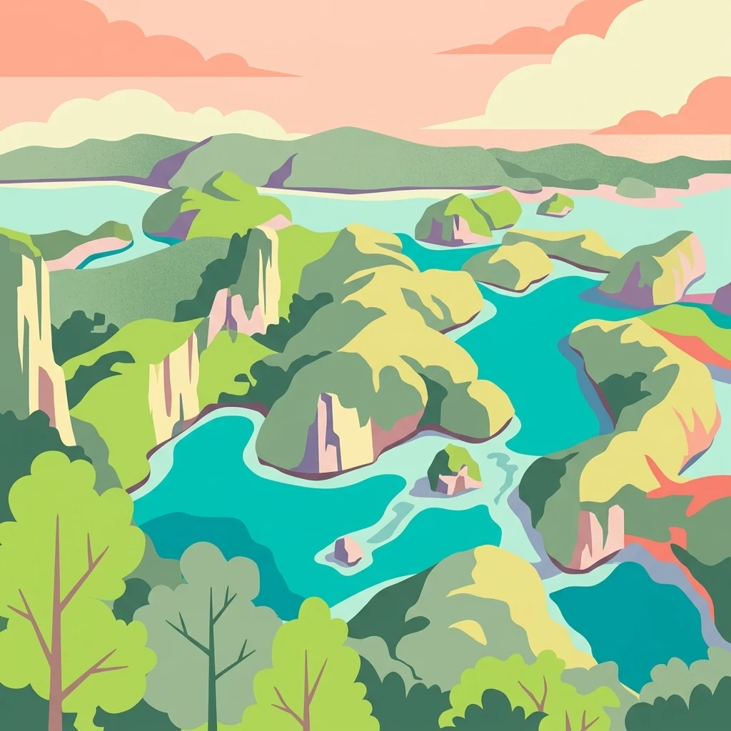 Una ilustración vectorial estilizada de las Islas Rocosas con formaciones de piedra caliza que se elevan desde una laguna turquesa bajo un cielo de tonos suaves.