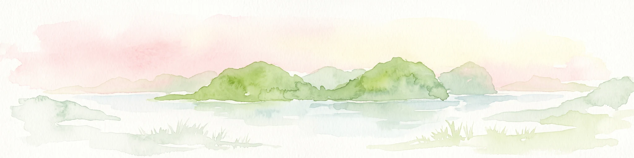 Una pintura en acuarela que muestra una vista panorámica de islas verdes rodeadas de agua azul claro y tranquila bajo un cielo suave de tonos rosa y amarillo al amanecer o al atardecer.