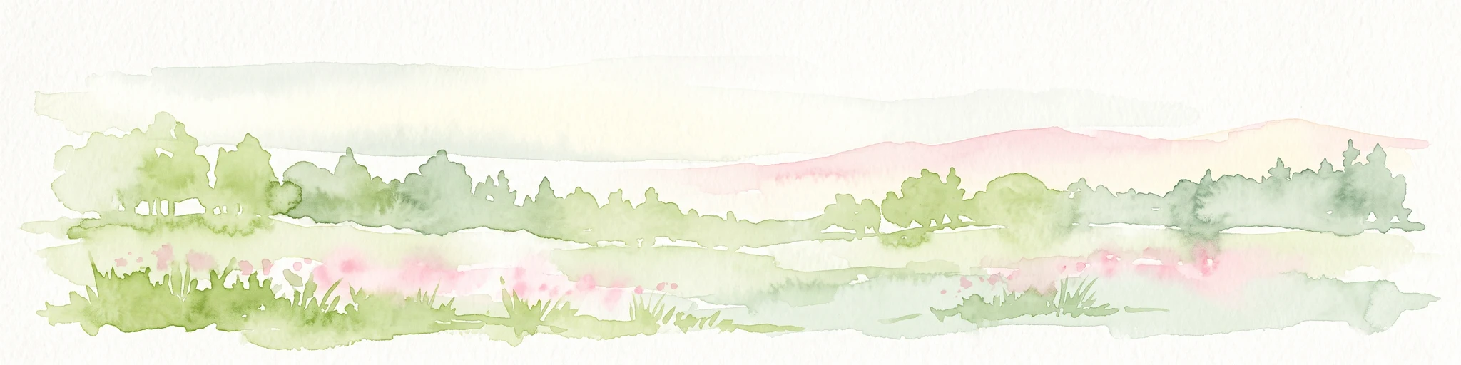 A watercolor painting of a flat, marshy landscape with soft green trees, grassy plains, and subtle pink tones against a white background.