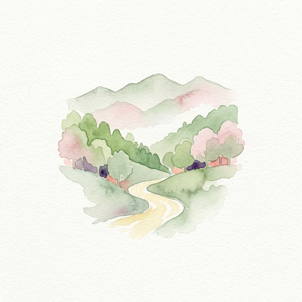 Ilustración en acuarela que muestra un camino sinuoso a través de una zona boscosa con montañas al fondo