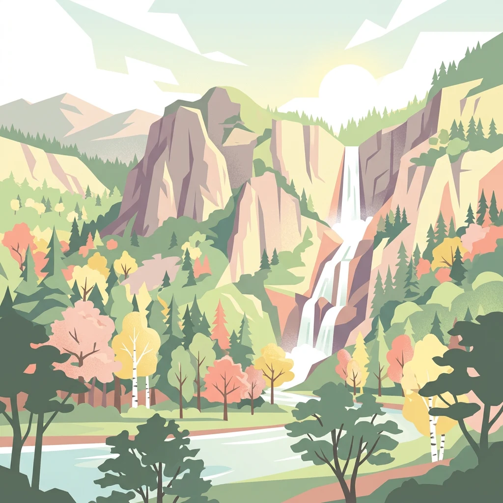 Ilustración estilizada de una cascada en una zona montañosa con árboles de colores otoñales y un río