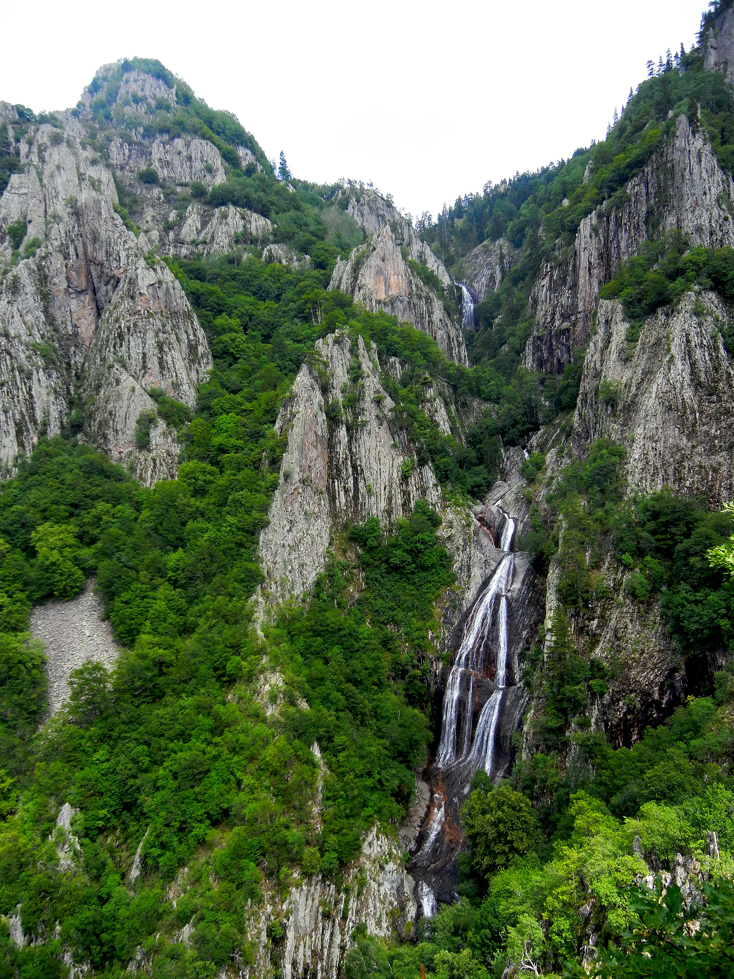 Waterfall flowing down rocky mountain cliffs amidst dense green forest